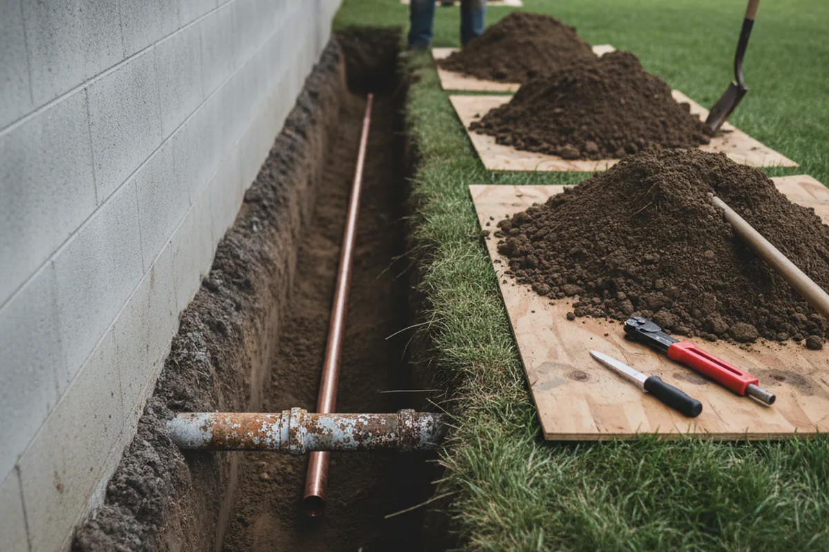 Excavated water line trench during Water Heater Repair in Wirtz